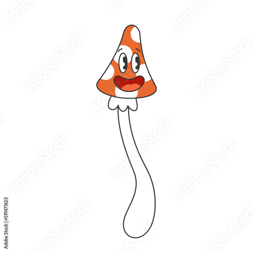 Retro groovy trippy mushroom character with happy smiling face. Hippie psychedelic weird fly agaric. Hippy funky fungus. Vintage hallucinogenic nostalgic amanita. Trendy y2k pop culture vector mascot
