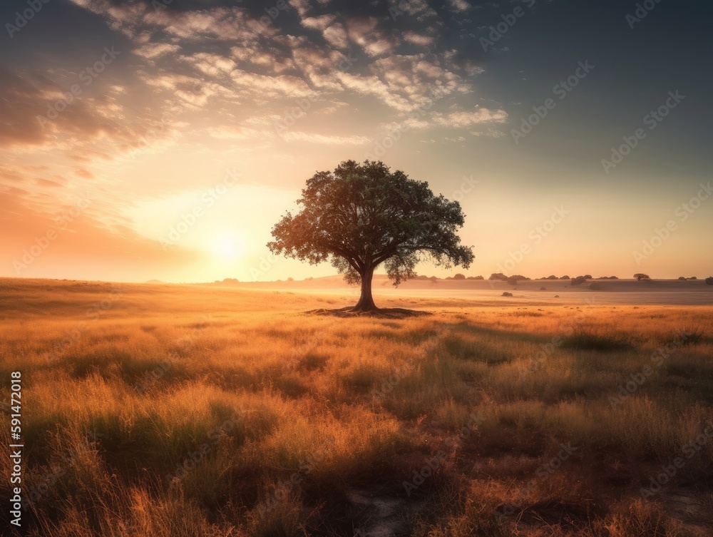 A single tree standing tall in a vast, open field at sunset A single tree standing tall in a vast, open field at sunset