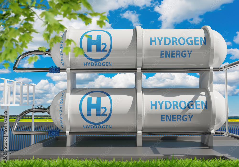 Obraz premium Reservoirs with hydrogen. Eco fuel storage tanks. H2 gas for power plant. Tanks with hydrogen under blue sky. Sustainable energy. Environmentally friendly industry. Green hydrogen fuel.