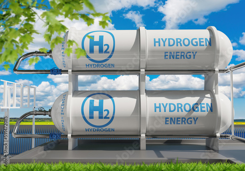 Reservoirs with hydrogen. Eco fuel storage tanks. H2 gas for power plant. Tanks with hydrogen under blue sky. Sustainable energy. Environmentally friendly industry. Green hydrogen fuel. 