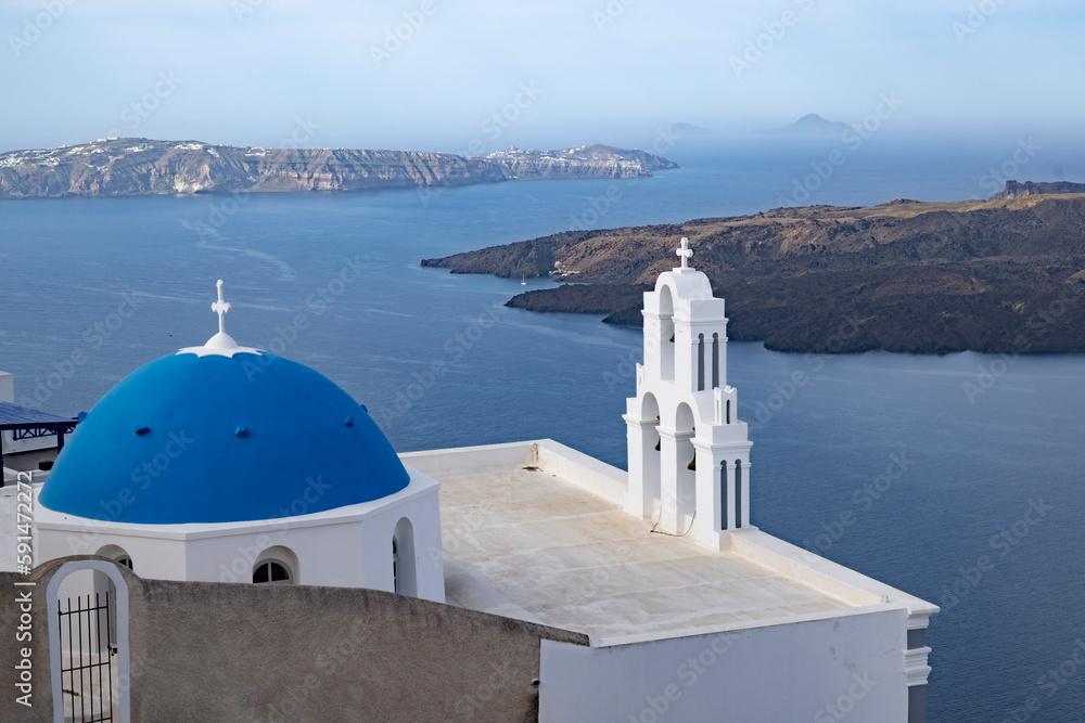 Fototapeta premium Three Bells and Church in Fira, Santorini