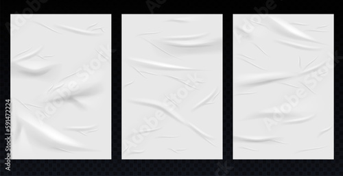Glued paper wrinkled effect, vector realistic background. White wet paper poster template set with crumpled texture. Realistic vector posters mockup