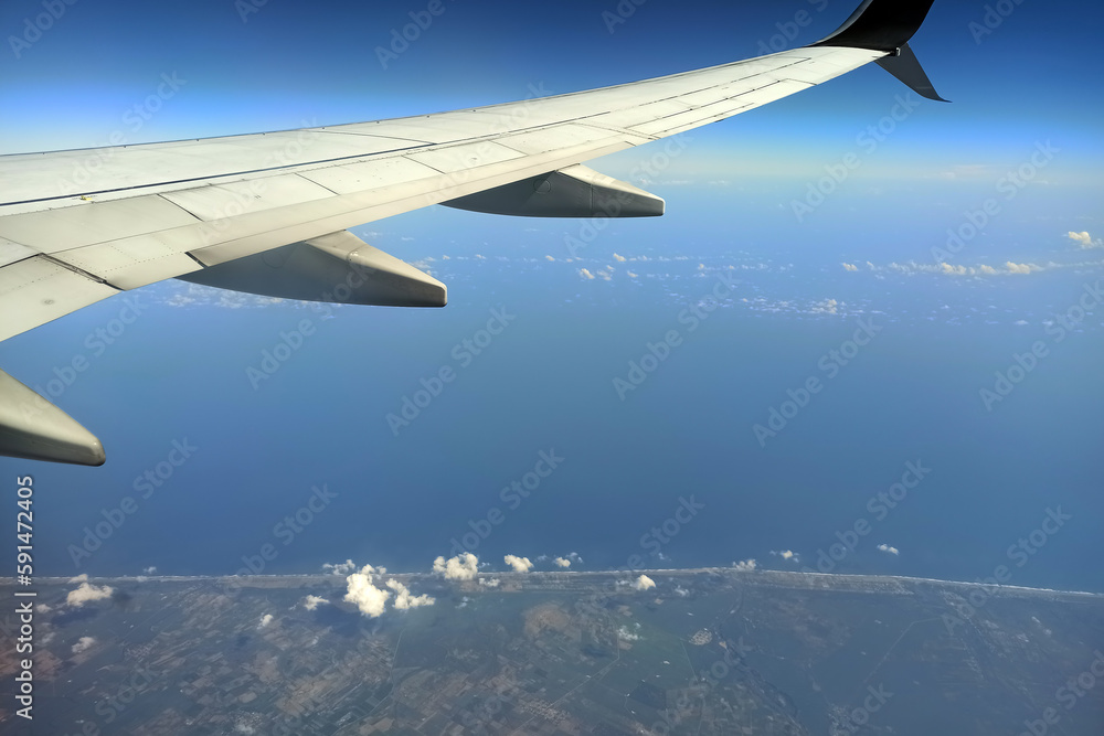 Fototapeta premium View through airplane window of commercial jet plane wing flying high in the sky. Air travelling concept