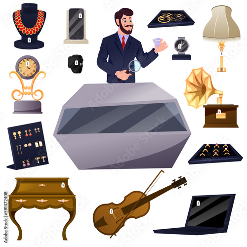 Pawn shop collection. Cartoon pawnbroker sells jewelry collection to customer, store interior. Pawnshop services. Customers Buy and Sell Precious Metals Jewels
