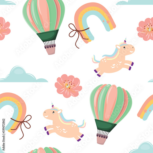 Cartoon vector illustration of unicorn, hot air balloon, clouds and flowers on white background. seamless pattern.