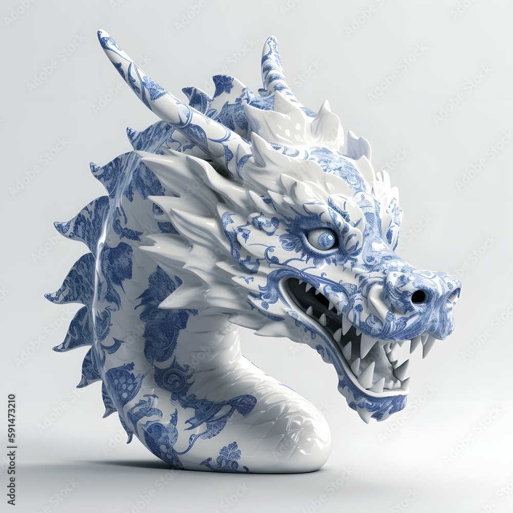 A blue and white ceramic dragon head -- Generate AI