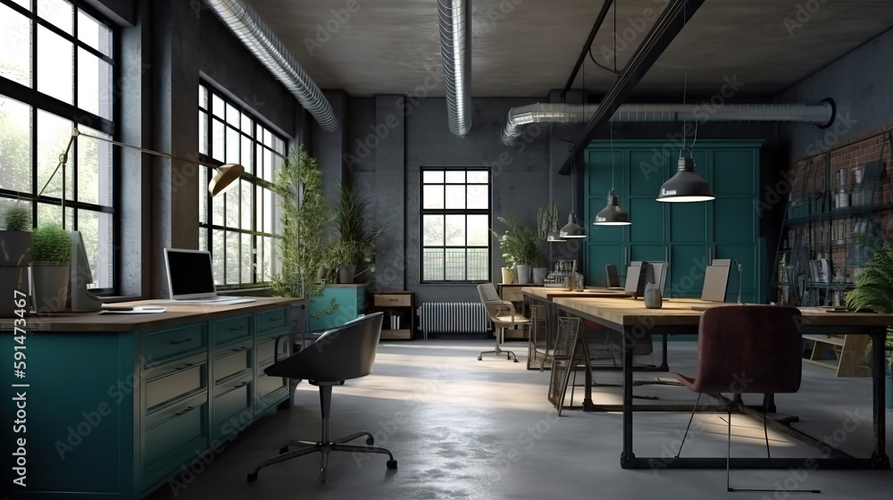 Modern office interior in loft, industrial style, 3d render. Generative Ai Modern office interior in loft, industrial style, 3d render. Generative Ai