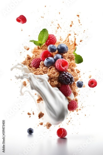 Yogurt with fresh berries and crunchy granola. Generative AI
