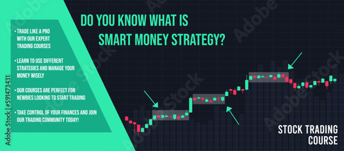 Trading courses promo page. Web banner template for trading companies and schools. Smart Money strategy learning. Vector background for advertisement
