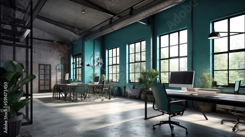 Modern office interior in loft  industrial style  3d render. Generative Ai