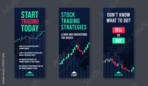 Social media post set for trading schools and courses. Template design collection with candle stick chart graphs and editable text. Vector background with trendy illustrations and neon colors