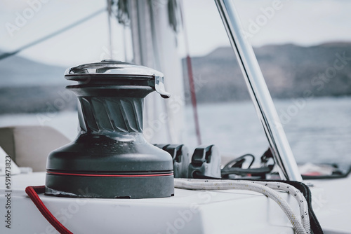 Mainsail winch on catamaran, Santorini