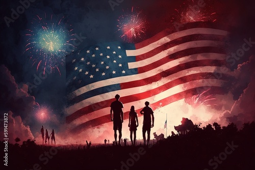 amercian family on independence day with lots of fireworks, amercian flag, united states, generative ai