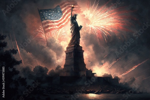 statue of liberty city on independence day with lots of fireworks, amercian flag, united states, generative ai