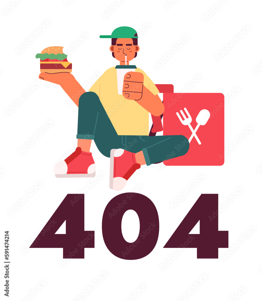 Delivery guy taking break vector empty state illustration. Editable 404 not found for UX, UI design. Fast food restaurant isolated flat cartoon character on white. Error flash message for website, app