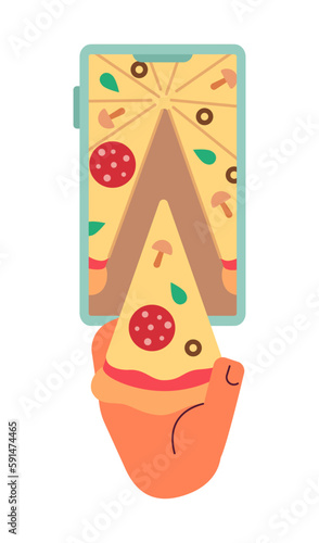Ordering pizza delivery online flat concept vector spot illustration. Editable 2D cartoon first view hand on white for web UI design. Fast food creative hero image for website landings, mobile headers