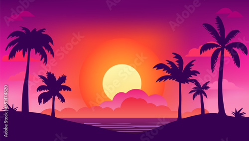 Tropical palm trees at sunset, on the ocean, beautiful landscape, sky interesting vector illustration background © AlexxxA