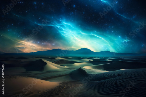 Galaxy starlight over desert dunes in the night. Dreamy landscape. Created with Generative AI technology.