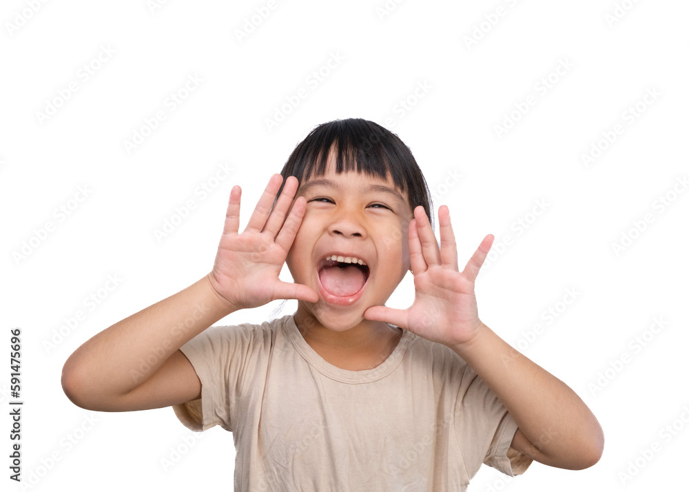 Cute little girl shouting and holding palm near mouth on white background. Cute little girl shouting and holding palm near mouth on white background.