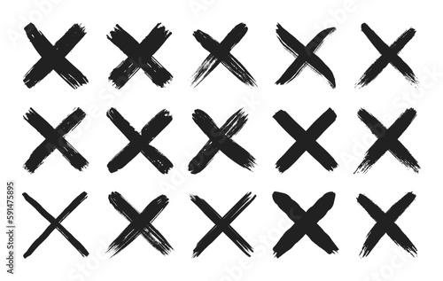 Dirty grunge hand drawn with brush strokes cross x vector illustration icon set. Cross mark wrong symbol graphic design collection. Check mark symbol NO button for vote in check box, web, etc.