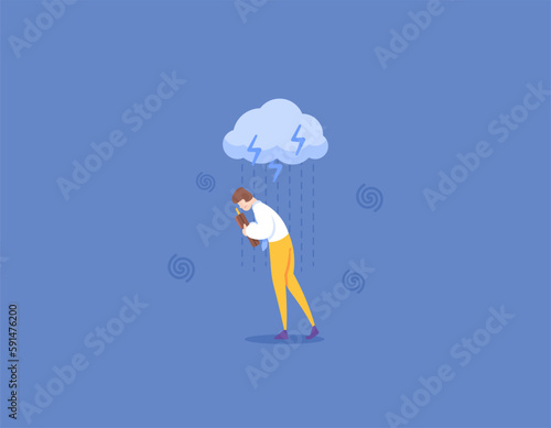 get in trouble, bad day, and bad mood. problems in employment or business. a man who is sad and depressed from being laid off or fired. poured by rained and lightning. illustration concept design