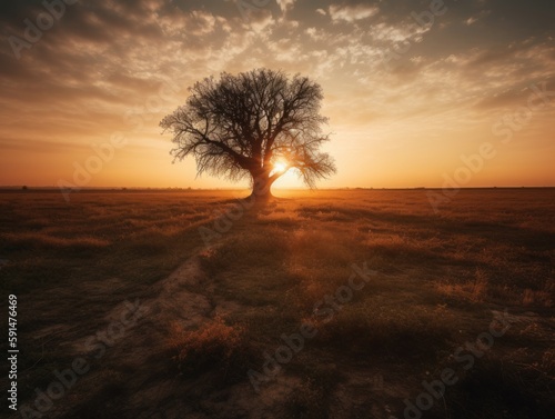A single tree standing tall in a vast  open field at sunset