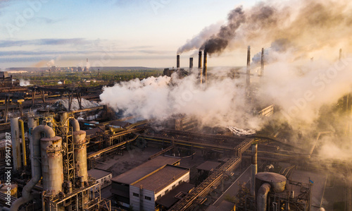 industry metallurgical plant dawn smoke smog emissions bad ecology aerial photography