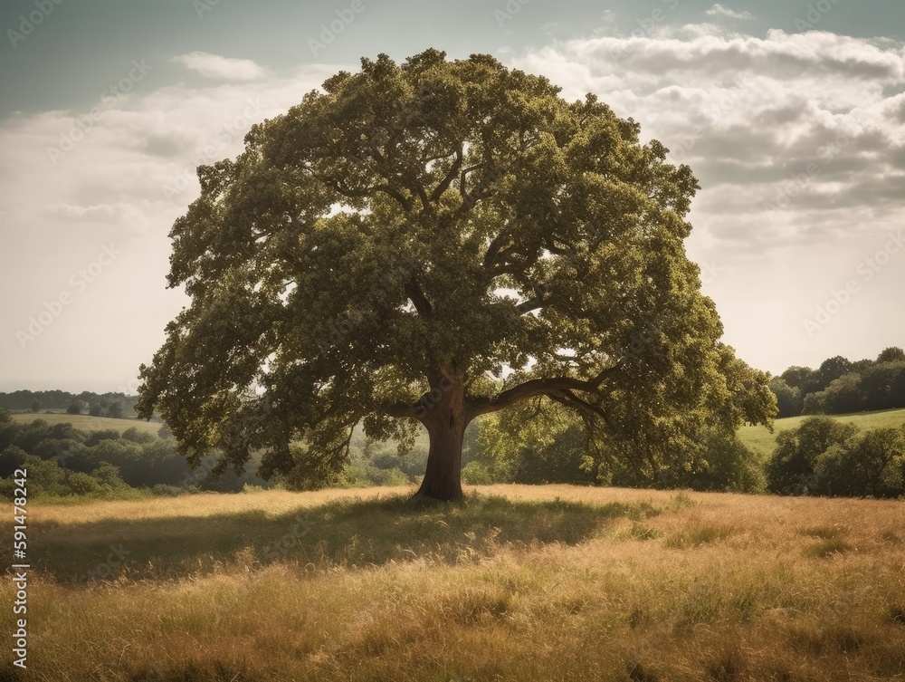 A single oak tree standing strong and proud in a field