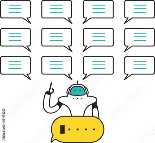プロンプトに対して複数の答えを導き出すAIロボット　イラスト素材
