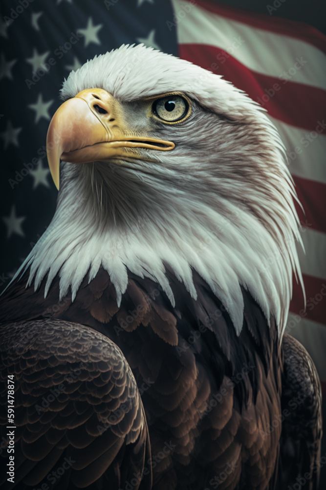 Obraz premium American bald eagle on the background of the flag of the United States. Patriotic illustration of USA symbol. generated by ai