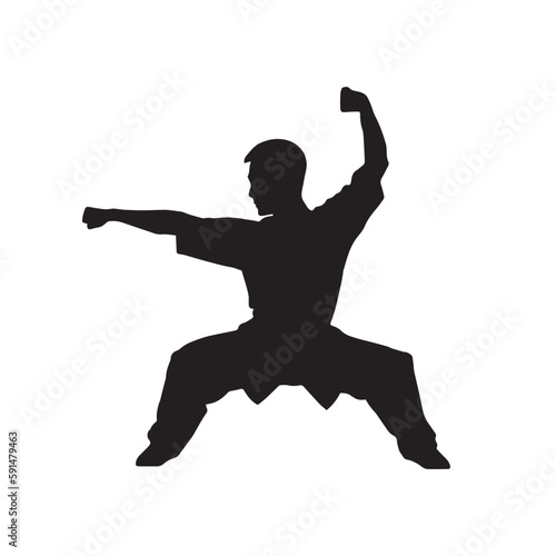 Man shows wushu while standing. Wushu art. Kung Fu karate. Silhouette. Vector illustration