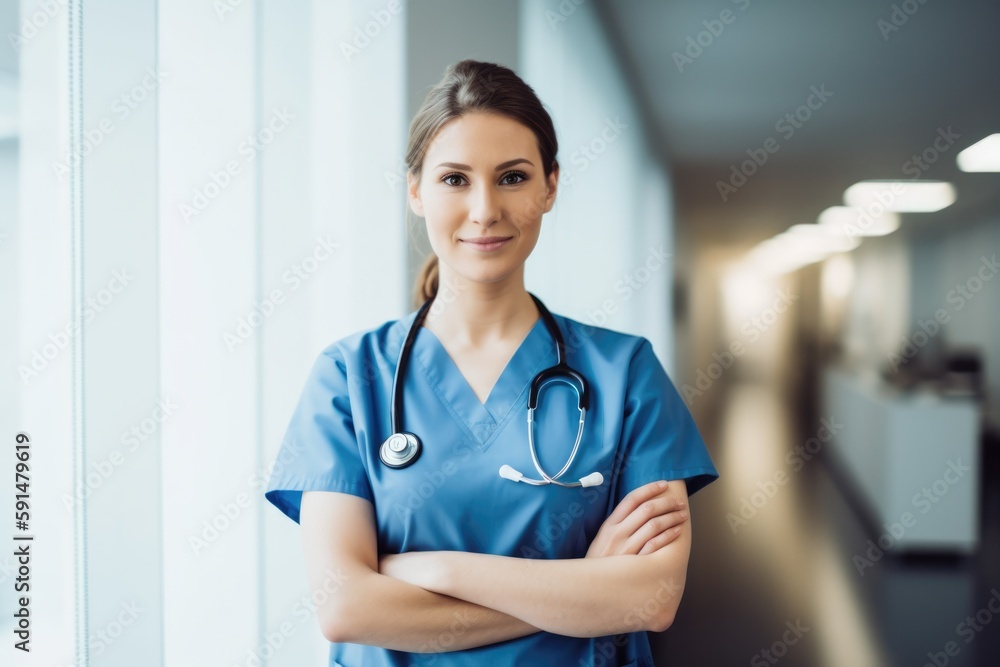 A confident female healthcare worker in scrubs posing with arms crossed created with Generative AI technology A confident female healthcare worker in scrubs posing with arms crossed created with Generative AI technology