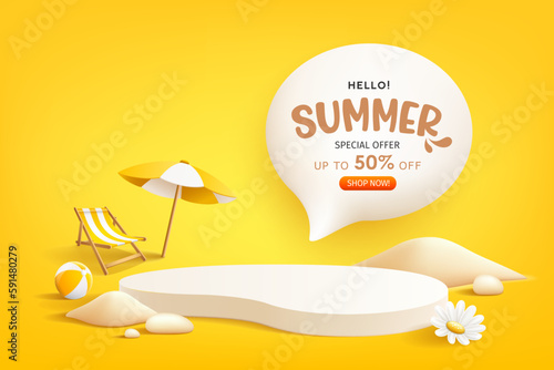 Summer podium display, pile of sand, flowers, beach umbrella, beach chair and beach ball, speech bubble space poster design, on yellow background, EPS 10 vector illustration

