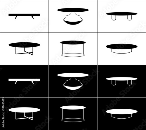 Coffee table icons set on black and white background. Furniture outline icons set.