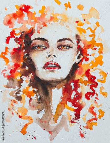A portrait of a girl looking boldly and sensually at the viewer. She has red eyes and red curly hair. Picture painted with watercolor.