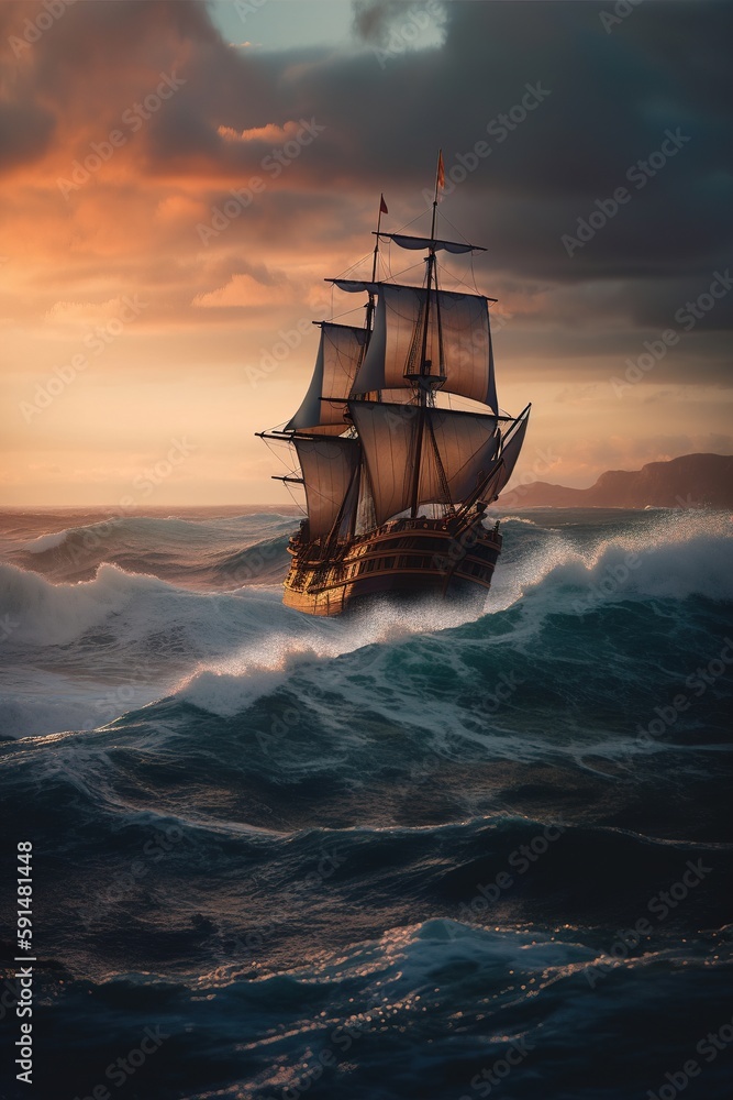 large wooden ship with sails in a stormy sea with big waves, far away on the background of rocks, sunset. Generative Ai