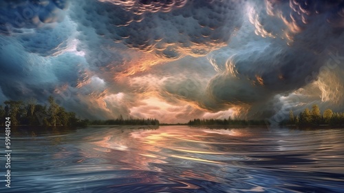 Cloudy sky over a body of water  a photorealistic painting. Generative Ai