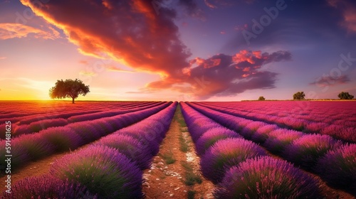 Stunning landscape with lavender field at sunset. Generative Ai