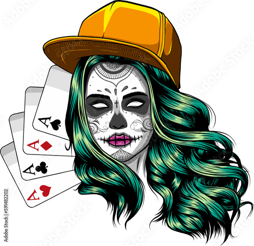 Illustration of girl with cap on head with poker aces. vector on white background