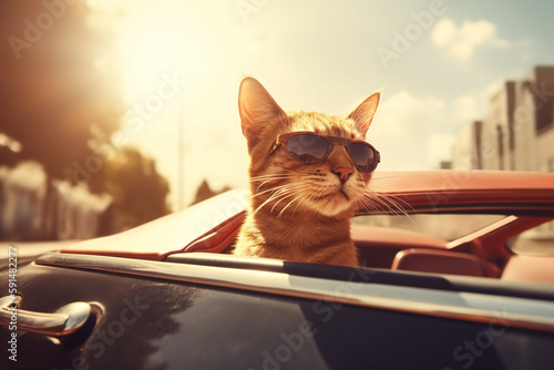 Tablou canvas Funny red cat in glasses in a convertible on a sunny day, a pet riding a car