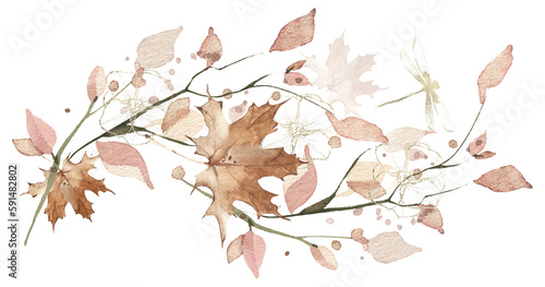 Watercolor floral greenery arrangement. Red, burgundy, brown autumn wild branches, maple leaves and twigs. Cut out hand drawn PNG illustration on transparent background. Isolated clipart.