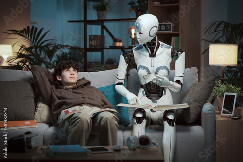Canvas Print AI robot helping a lazy student with his homework