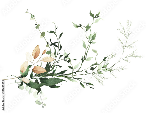 Watercolor painted autumn greenery arrangement. Green and orange wild exotic plants, branches, leaves, twigs. Cut out hand drawn PNG illustration on transparent background. Isolated clipart.