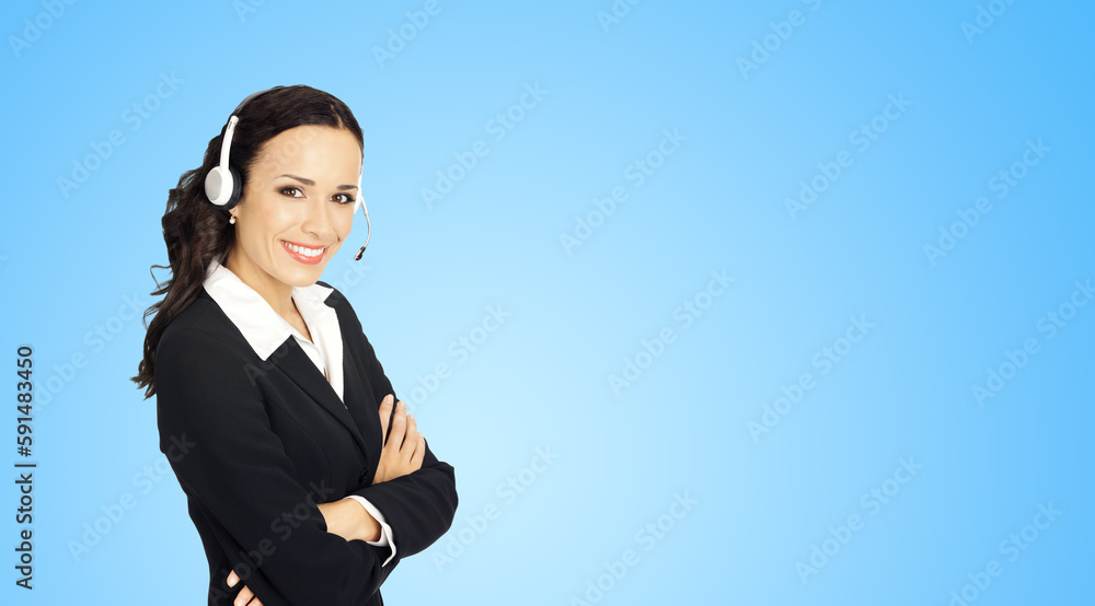 Call center help line service. Portrait photo customer support phone sales agent operator in headset, sky blue background. Happy smiling confident business woman crossed arms. Caller worker Call center help line service. Portrait photo customer support phone sales agent operator in headset, sky blue background. Happy smiling confident business woman crossed arms. Caller worker