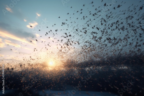 A detailed illustration of a flock of birds in flight, Generative AI