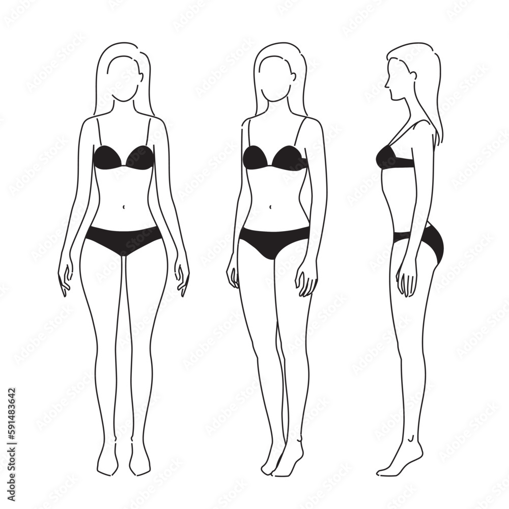 Woman body. Full-length standing portrait. Set of body-positive female. Five angles figure front, 3 of 4, side views shape. Vector fashion silhouette outline line illustration Woman body. Full-length standing portrait. Set of body-positive female. Five angles figure front, 3 of 4, side views shape. Vector fashion silhouette outline line illustration