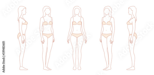 Woman body. Full-length standing portrait. Set of body-positive female. Five angles figure front, 3 of 4, side views shape. Vector fashion silhouette outline line illustration