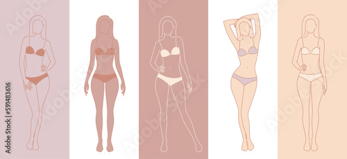 Woman body. Vector full-length girl standing portrait. Set of body-positive female. Different posing figures. Fashion silhouette outline line illustration