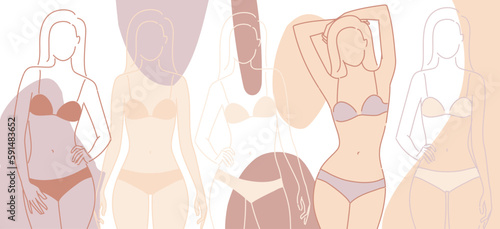 Woman body. Vector full-length girl standing portrait. Set of body-positive female. Different posing figures. Fashion silhouette outline line illustration