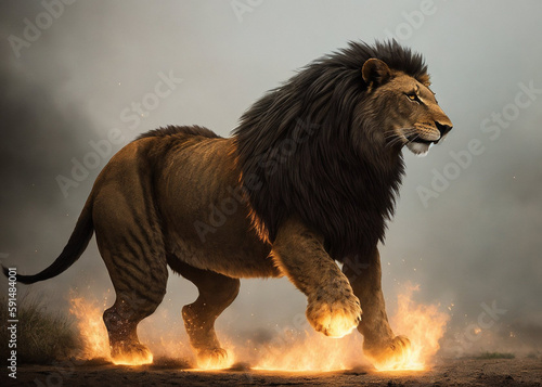Powerful lion in the burning smoky savannah  in ruins. Generated by neural model